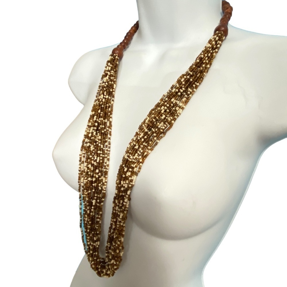 Boho Multi-Strand Brown Cream Seed Beads Long Necklace Artisan Made